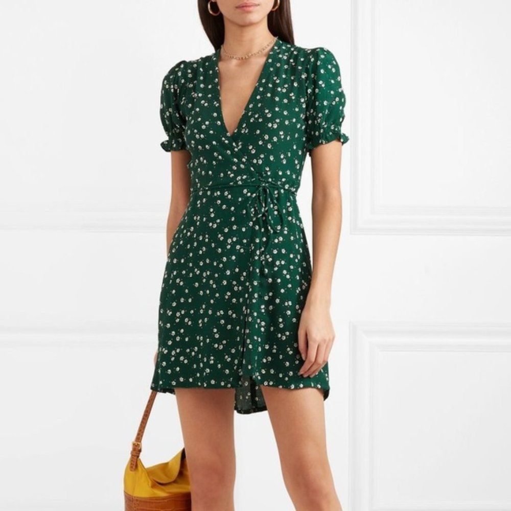 Faithfull the Brand Mira Wrap Dress Green Floral sz 4 Small V-Neck Short